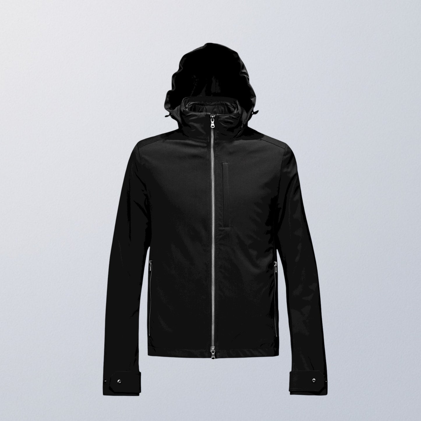 Blouson moto imperméable V4 noir avec capuche, élégance fonctionnelle pour deux-roues urbains