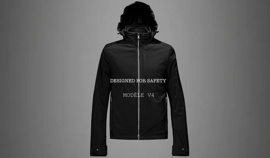 Détail d'une veste VEST PARIS : qualité des matériaux imperméables et design minimaliste pour une protection moto ville chic et discrète.