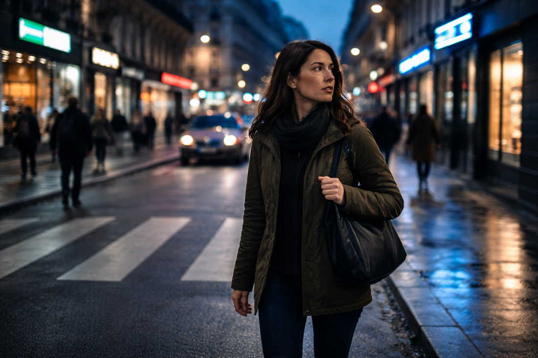 Personne se déplaçant seule sur un quai de métro à Paris en soirée, illustrant les enjeux de sécurité personnelle en milieu urbain.
