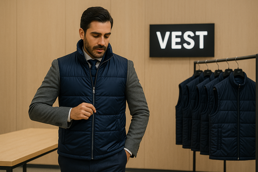 Homme louant une veste pare-balles discrète V007 de VEST PARIS, dans notre showroom urbain, illustrant l’offre de location à la journée, à la semaine ou au mois.