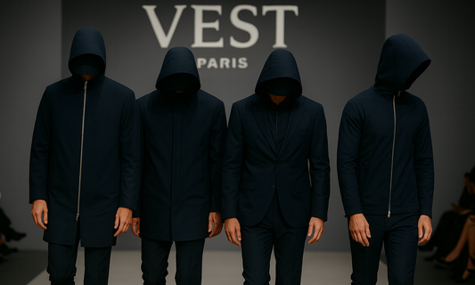 Défilé de mode VEST PARIS avec quatre mannequins portant des vestes techniques urbaines élégantes bleu marine pour hommes, moto, pare-balles, imperméables, anti-lames.