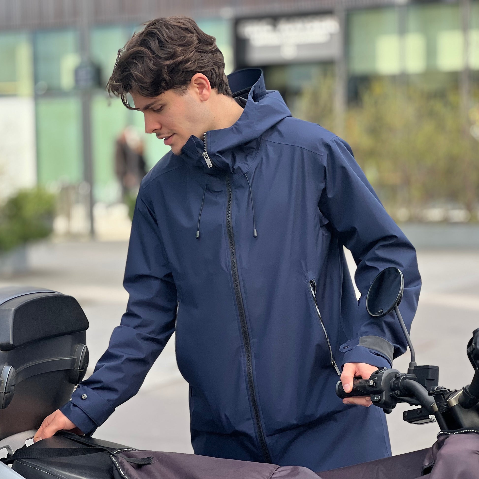 Veste technique longue bleue imperméable moto 