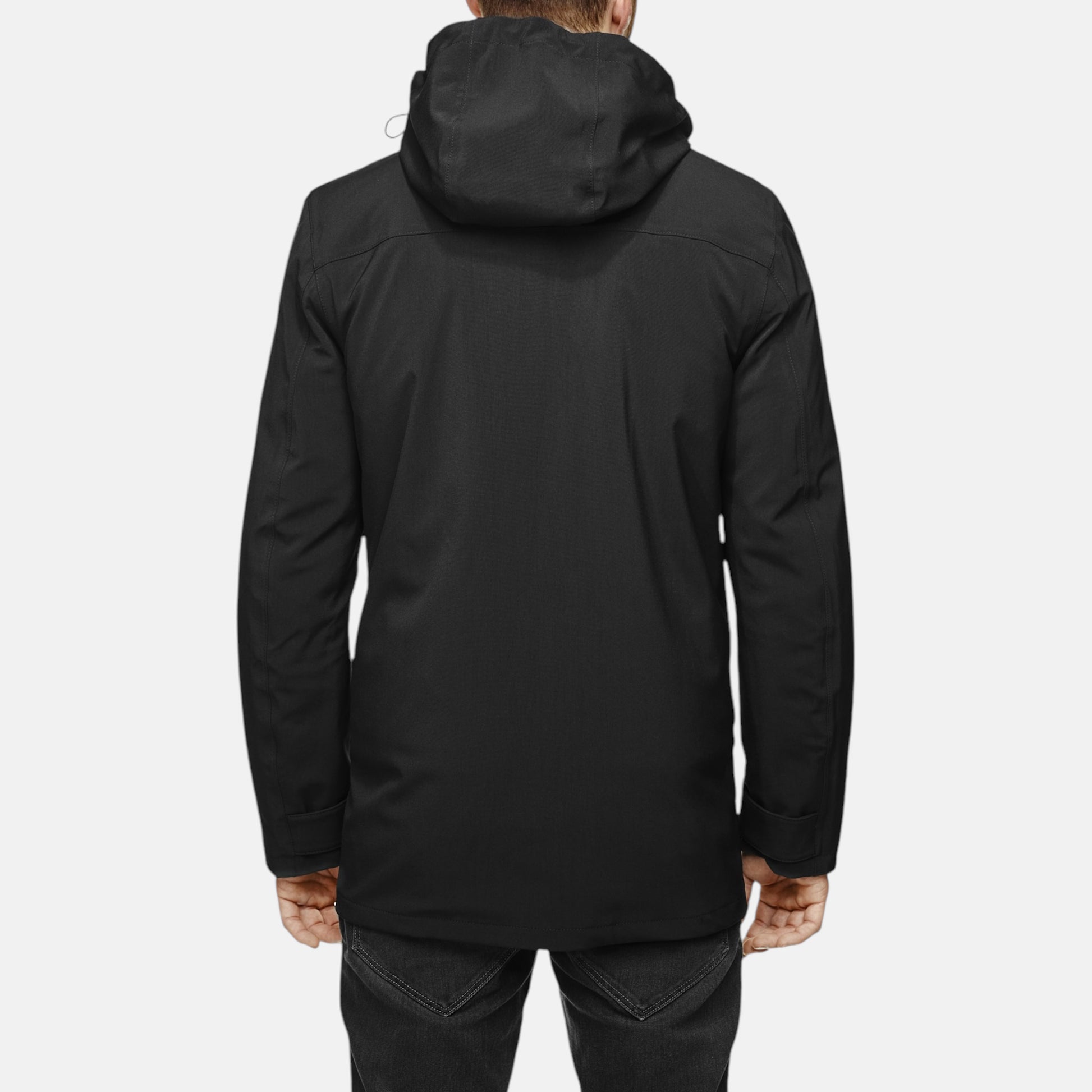Parka technique moto imperméable noire de dos avec capuche