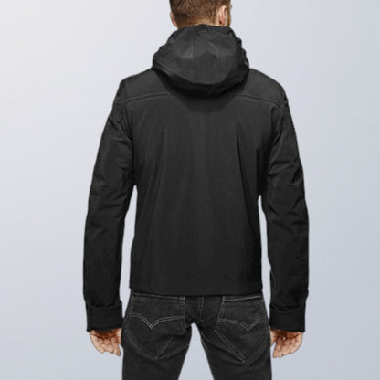 Blouson moto imperméable V4 noir vue de dos, finition soignée et capuche ajustable VEST PARIS
