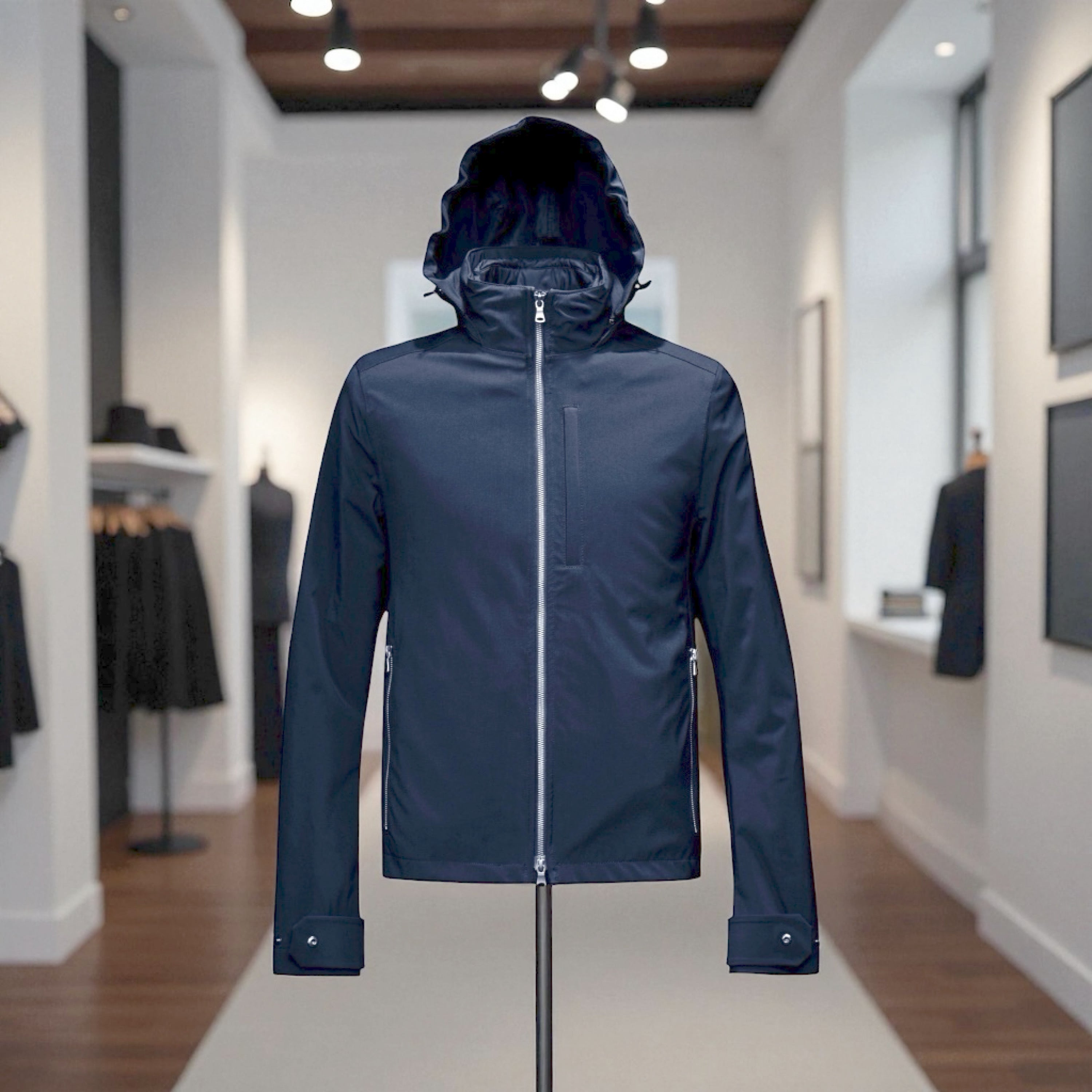 Blouson moto imperméable V4 bleu nuit vue de face, design épuré et zip gunmetal VEST PARIS