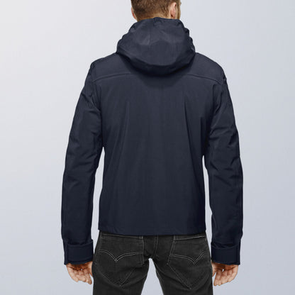 Blouson moto imperméable V4 bleu vue de dos, capuche intégrée et lignes sobres VEST PARIS