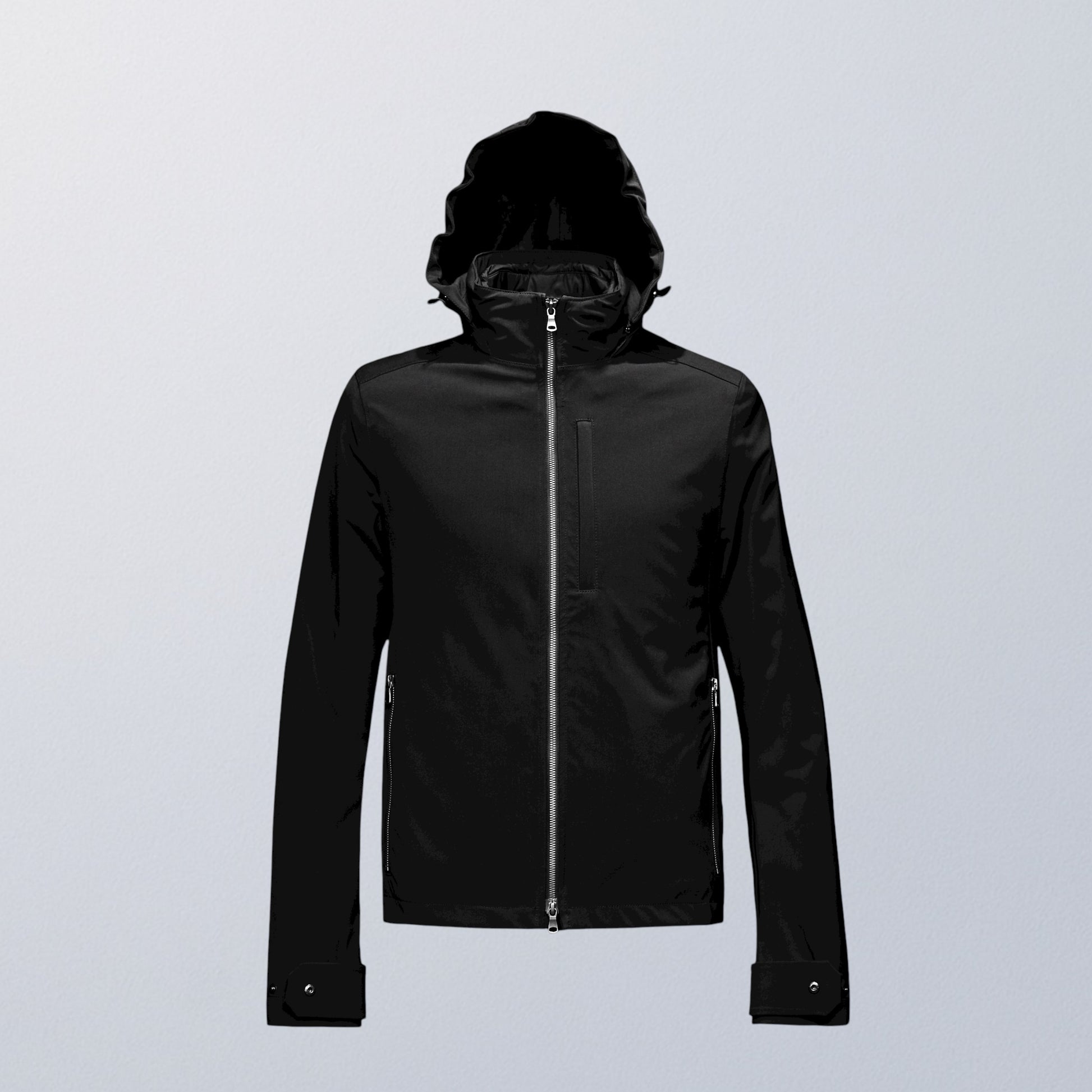 Blouson moto imperméable V4 noir avec capuche, élégance fonctionnelle pour deux-roues urbains