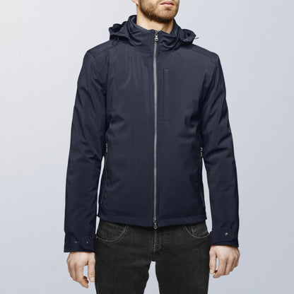 Blouson moto imperméable V4 bleu nuit vue de face, design épuré avec zip gunmetal VEST PARIS