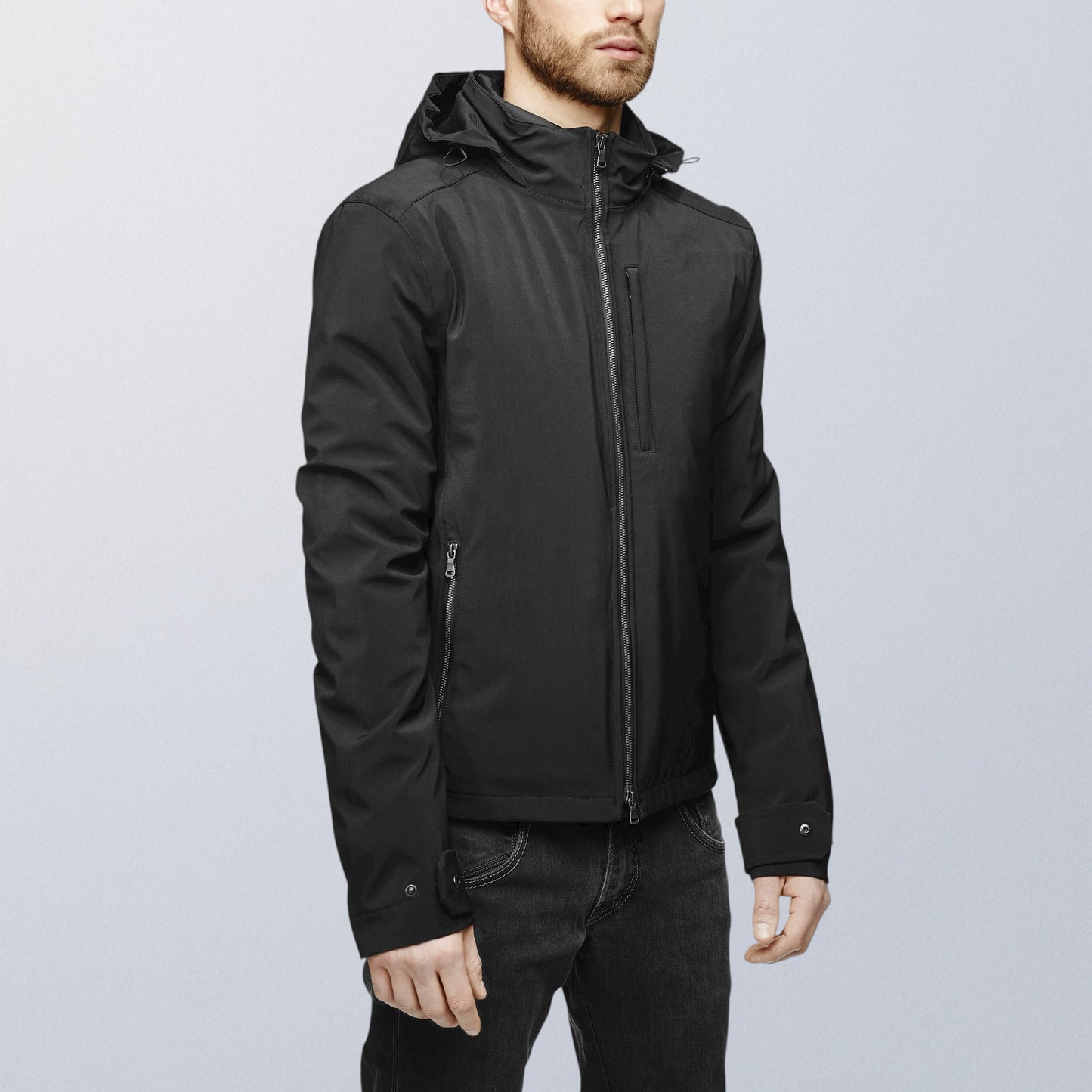 Blouson moto imperméable V4 noir coupe courte, style discret et matériaux techniques haut de gamme