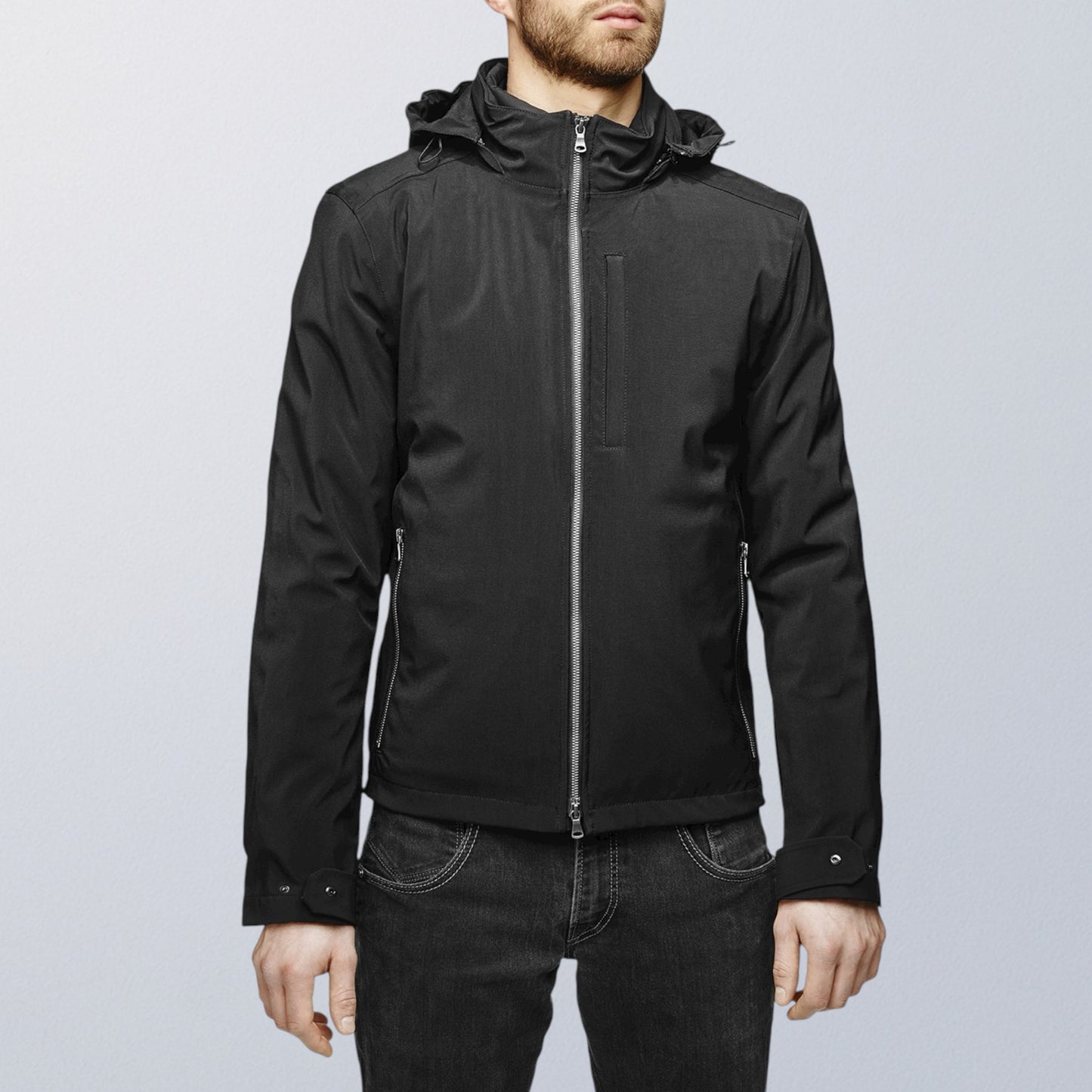 Blouson moto imperméable V4 noir vue de face, design urbain et protection homologuée CE