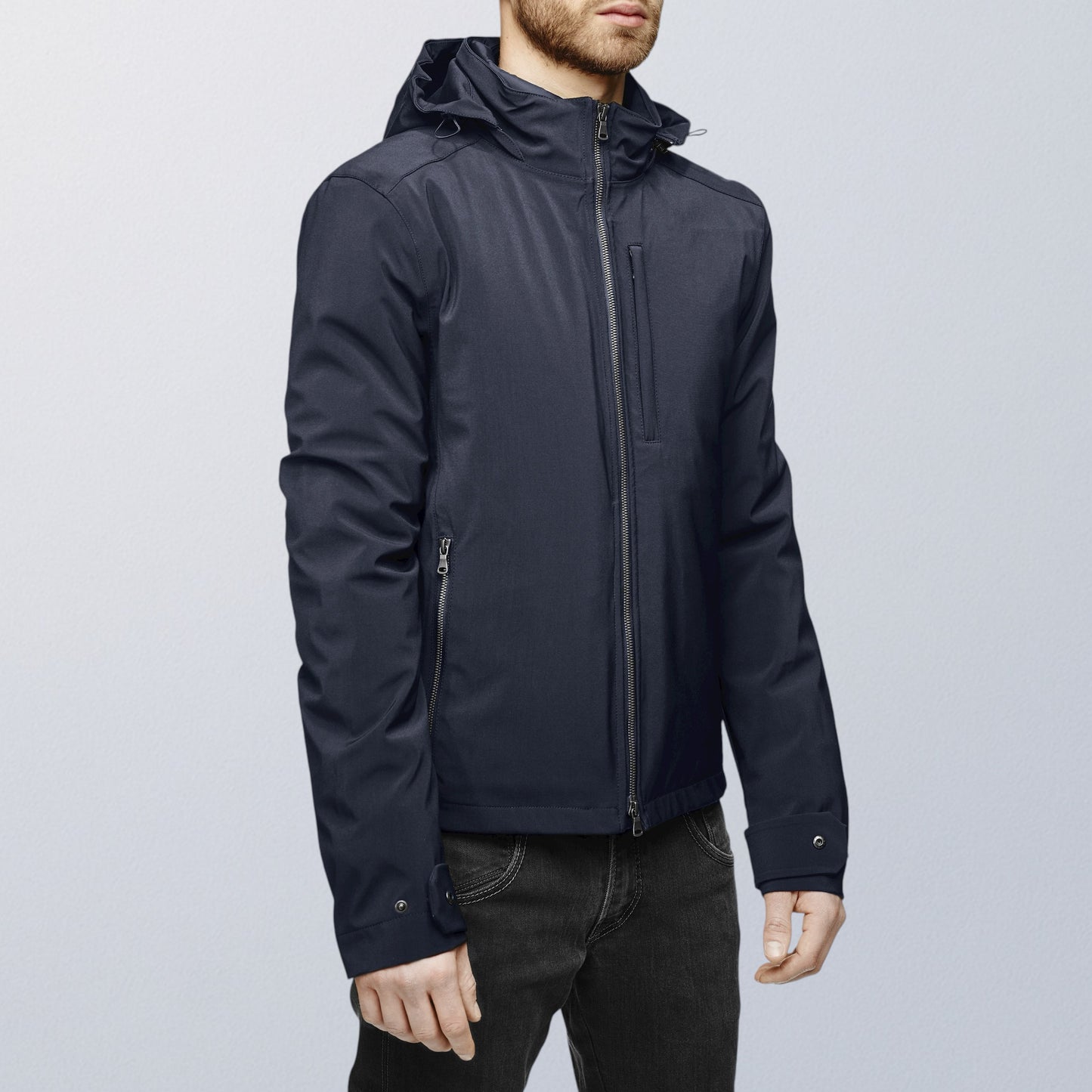 Blouson moto imperméable V4 bleu élégant, coupe ajustée pour conduite urbaine sécurisée