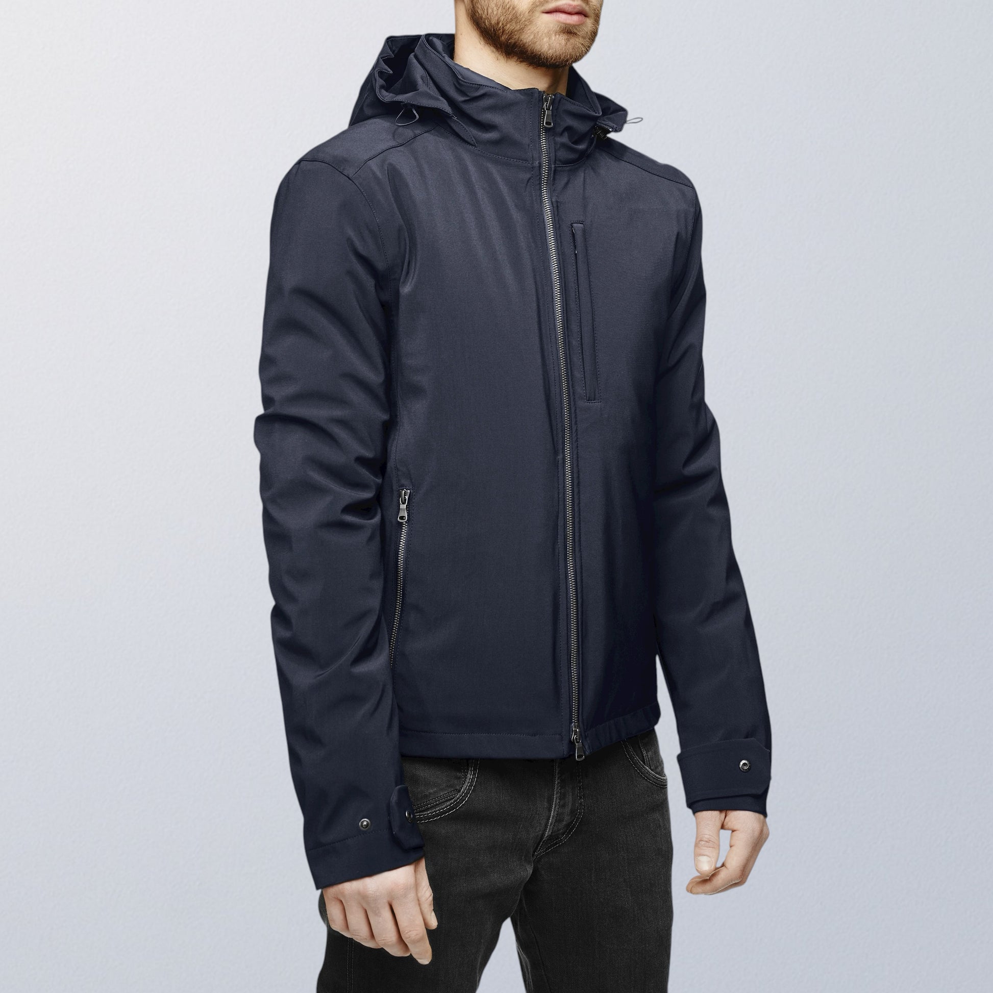 Blouson moto imperméable V4 bleu élégant, coupe ajustée pour conduite urbaine sécurisée