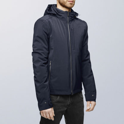 Blouson moto imperméable V4 bleu élégant, coupe ajustée pour conduite urbaine sécurisée