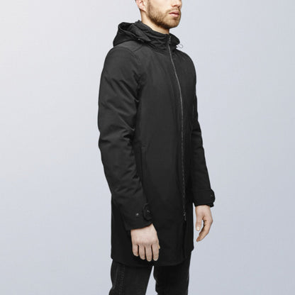 Imperméable moto chaud élégant noir avec protections homologuées V1 VEST PARIS pour porter avec un costume 