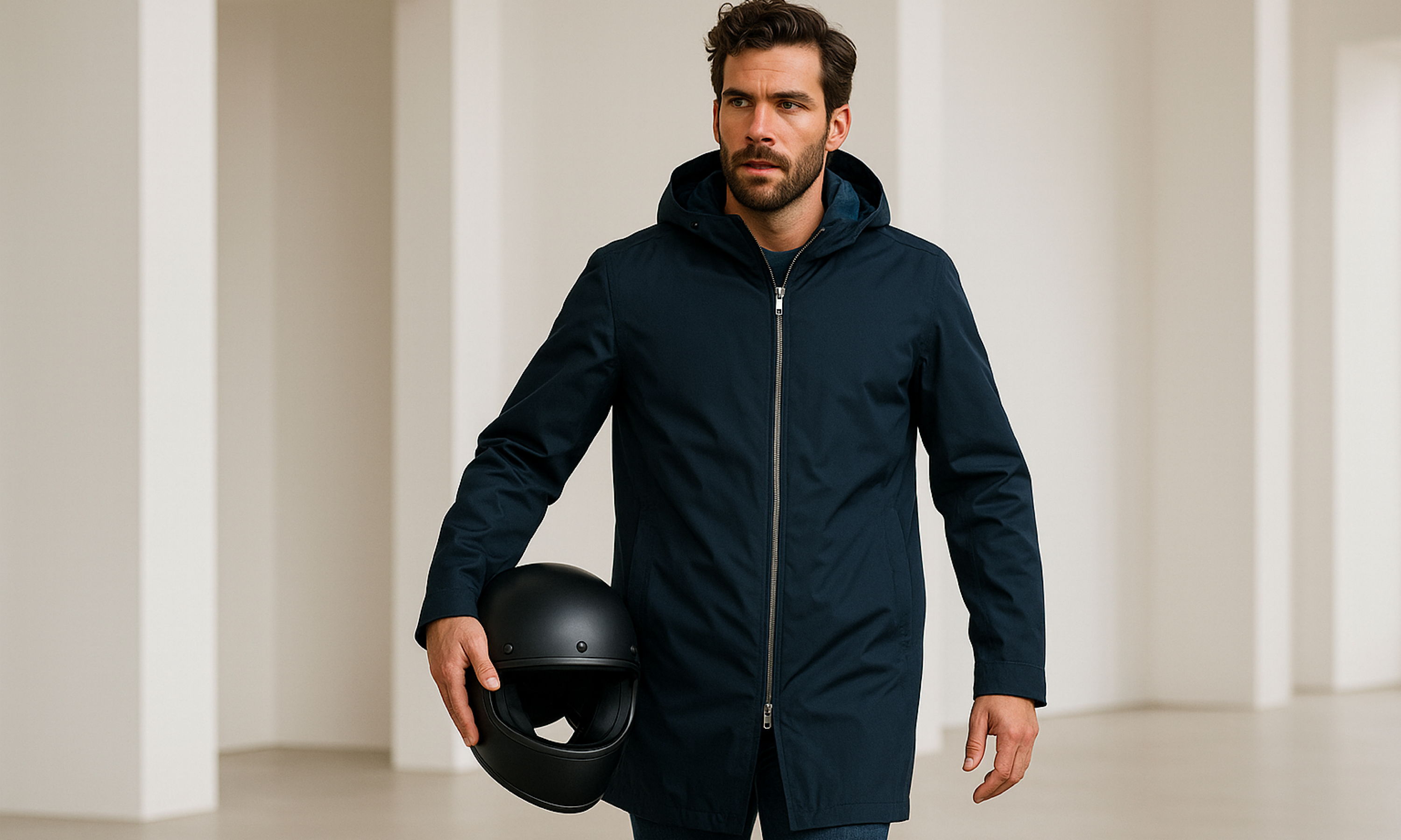 Homme urbain sur scooter portant une veste moto élégante VEST PARIS, coupe business, tissu technique Loro Piana, protections CE invisibles et style haut de gamme.