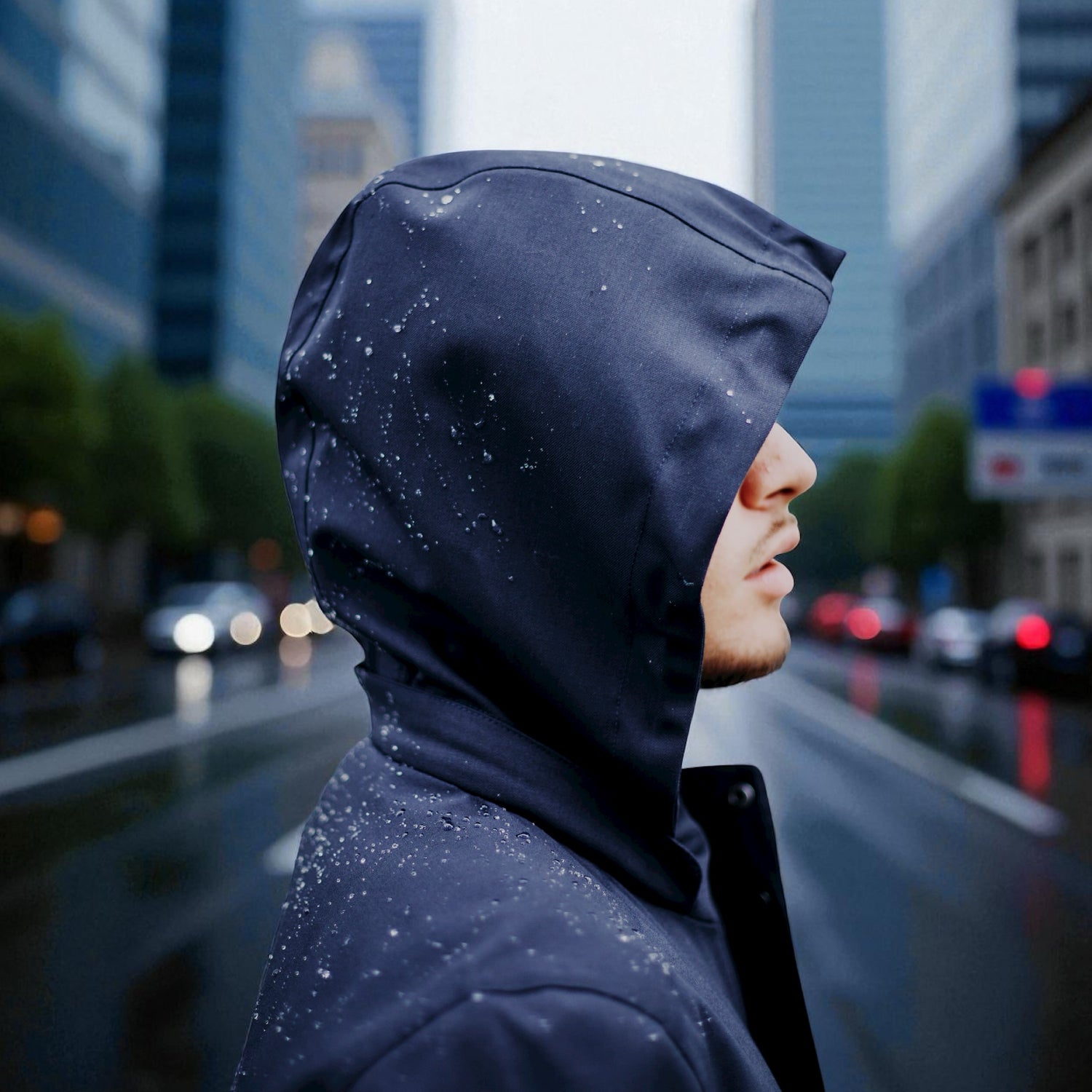 Blouson moto imperméable V4 bleu nuit vue de dos avec capuche amovible, coupe sobre et technique VEST PARIS
